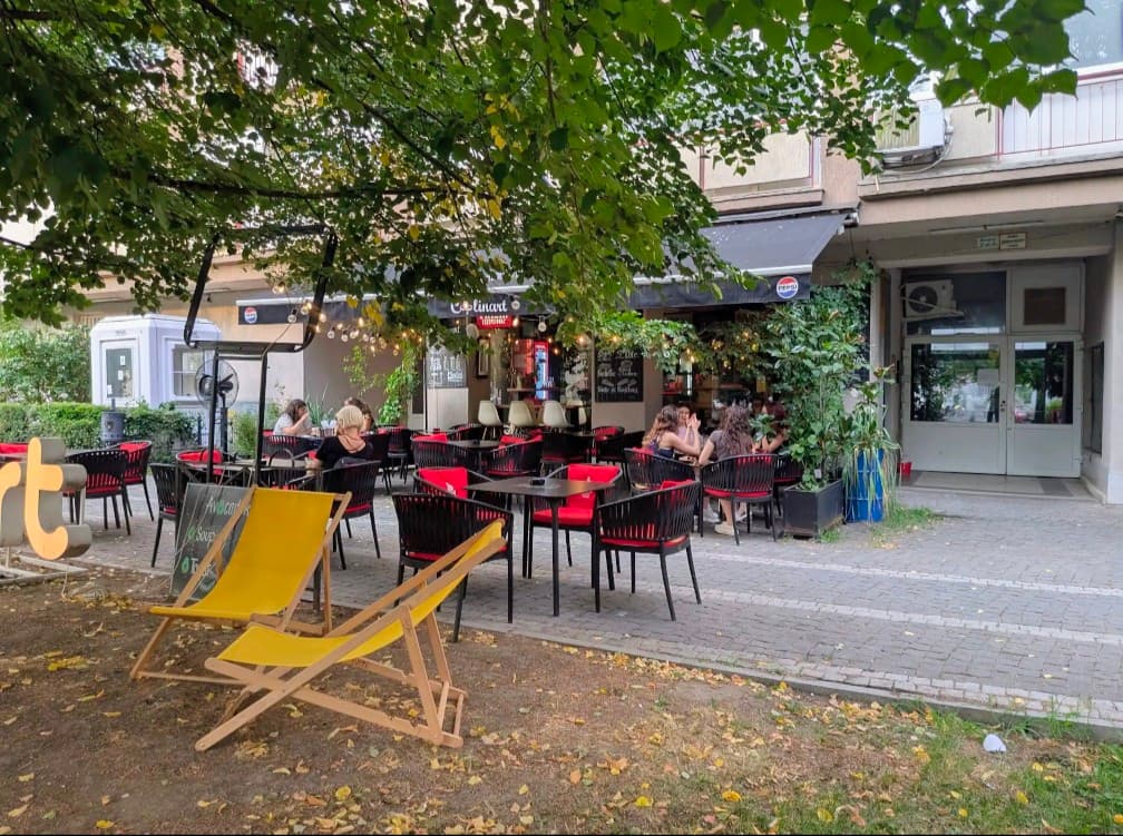 Sunny neighborhood café terrace